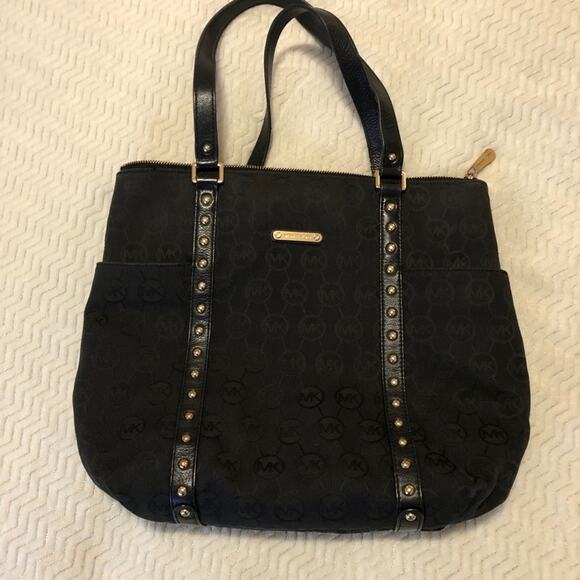 MICHAEL KORS Signature Tote Canvas Handbag Black LOGO Shoulder Bag Purse Gold - Picture 1 of 11